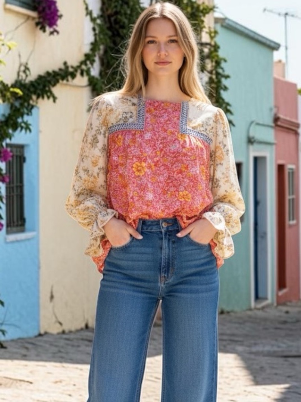 ENTRO BOHO COTTAGECORE FLORAL EMBROIDERED BLOUSE FAIRY WHIMSY FLOWY TOP SMALL